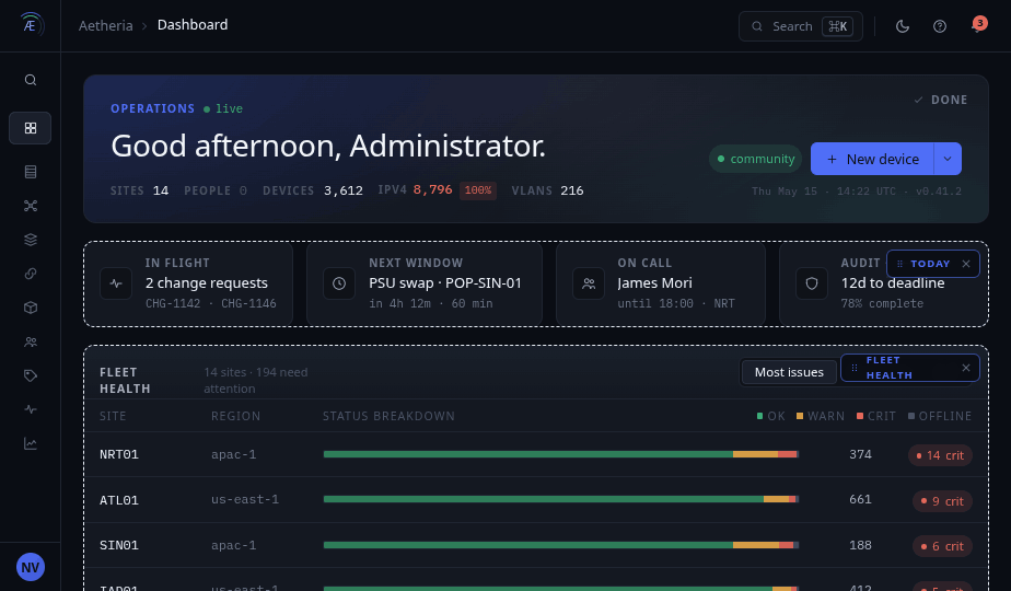Aetheria dashboard with edit mode active, showing draggable cards